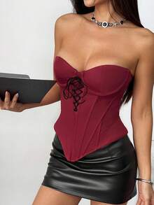 Vexica 女式无袖露肩针织短款上衣，系带细节，不对称下摆和罩杯细节