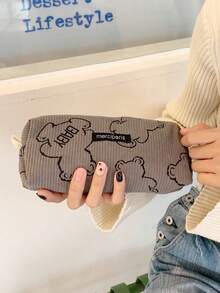 1pc/2pcs Corduroy Stationery Pencil Case, Cute Animal Print Large Capacity, Suitable For Students, Can Store Pens And Other Stationery, Ideal Gift For Students,Bag - Grey - View 7