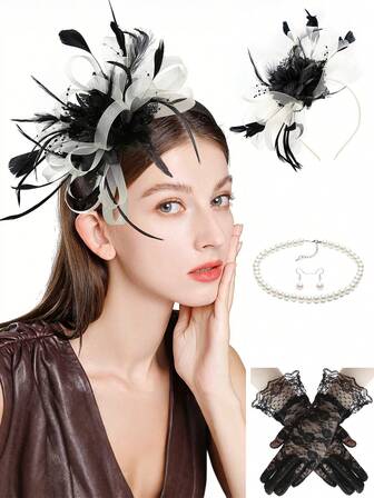 4 Adet Fascinator Şapka Tüy Fascinator Saç Tokası Çay Partisi Derby Şapka Fascinator Gelin Düğün Eldiven Kolye Küpe Partiler ve Danslar İçin Aksesuarlar