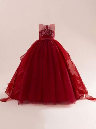 Vestido largo elegante con cuello redondo, lazo con lentejuelas y tul para niñas preadolescentes, adecuado para ocasiones formales, dama de honor de boda, no incluye diadema