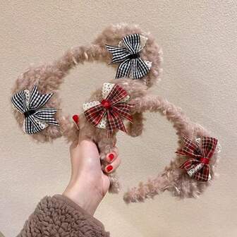 Autumn/Winter Holiday Plaid Faux Fur Lace Bow Headband, Lolita Style Sweet & Elegant Hair Accessory. Faux Fur Bow Headband With Shallow Brown Faux Fur Base, Paired With Plaid Bow And Lace Decor, Sweet Retro Style, Decorative And Practical, Ideal Valentine's Day Gift