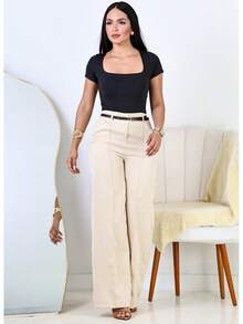 Kit 2 Women's Tailored Wide Leg Pants + 2 Free Belts - 米色/黑色 - 查看 5
