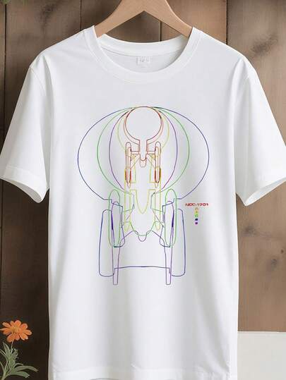 Enterprise Evolution Stars Treks Men's Sci-Fi Spaceship Graphic T-Shirt - White Crewneck Tee With Purple & Green Accents - Soft Everyday Casual Shirt For Trek Fans & Convention Goers - Machine Washable Apparel, Geek Culture Clothing, Pop Culture Fashion, Breathable Material, Short Sleeve Top, Convention Attendees