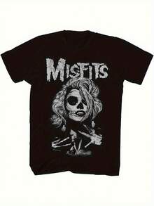 Black Cotton Short Sleeve T-Shirt- Punk Rock Graphic Tee With Skull; Floral Print. MISFITS Lettering. Loose Fit Casual Streetwear For Adults. Machine Washable. Vintage T Shirts. Urban Fashion. Edgy Design. Easy Care Fabric. Statement Shirt. Adult F. For Halloween,Men Shirts Black - 黑色 - 查看 1