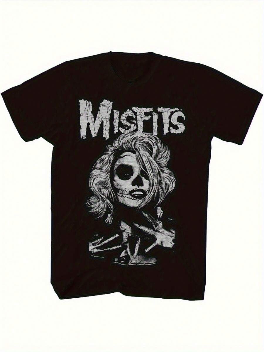 Black Cotton Short Sleeve T-Shirt- Punk Rock Graphic Tee With Skull; Floral Print. MISFITS Lettering. Loose Fit Casual Streetwear For Adults. Machine Washable. Vintage T Shirts. Urban Fashion. Edgy Design. Easy Care Fabric. Statement Shirt. Adult F. For Halloween,Men Shirts Black - 黑色 - 查看 1