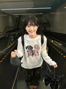 可爱小狗字母印花白色纯棉长袖休闲宽松套头衫，女士款，秋季新款 - 白色 - 查看 2