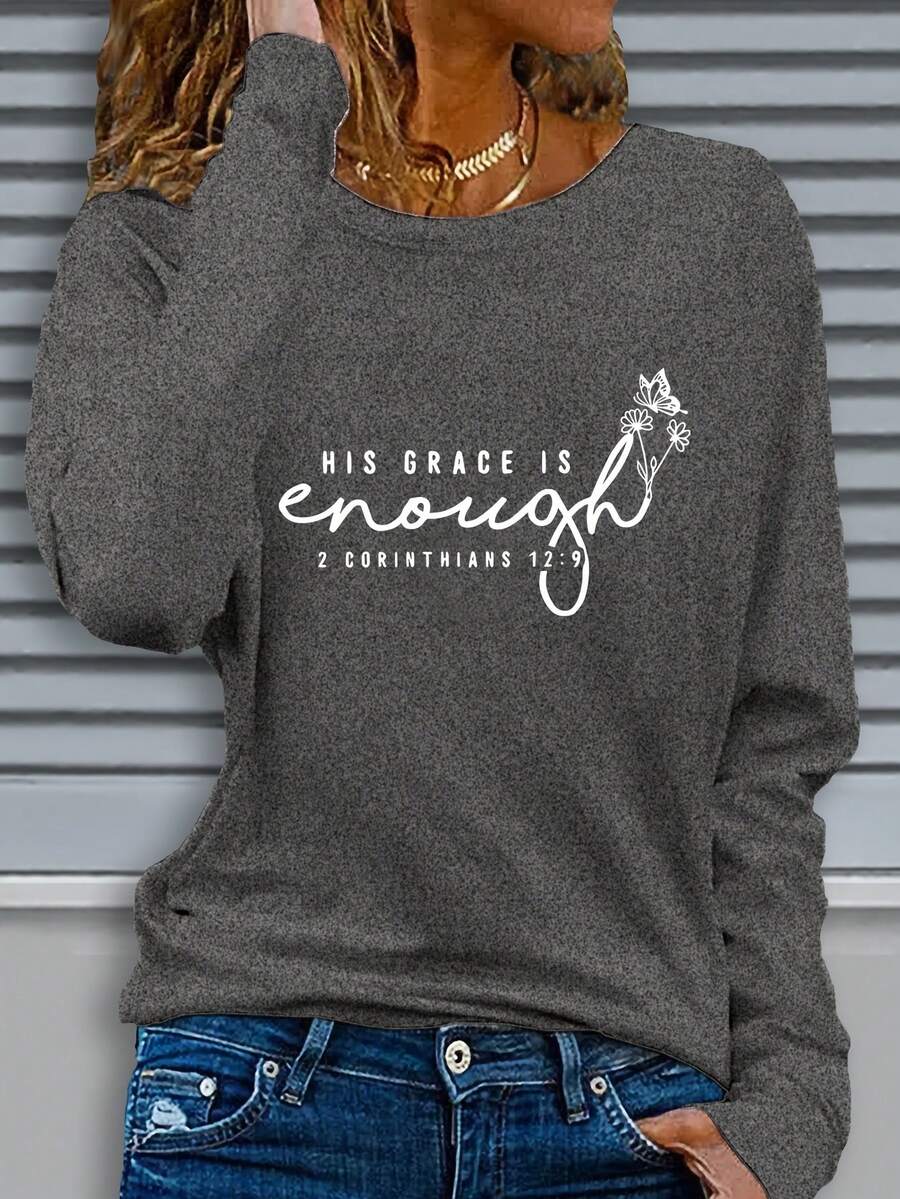 Women's Faith T-Shirt With Verse Ephesians 2:8 Print - Inspirational "God's Grace Is Sufficient" Long Sleeve Crew Neck Casual Top, Religious Apparel For Church & Casual Attire, Machine Washable (Grace Lettering Design) - Màu xám đen - Xem 1