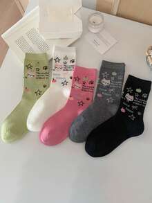 5 Pairs Women's Fashion Cute Cartoon Animal Letter Bow Pattern Anime School Style Comfortable Breathable Mid-Calf Socks