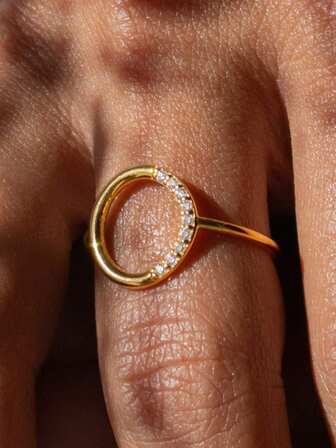 1 件简约金色圆形戒指，镶嵌锆石，优雅几何女士戒指，女士珠宝时尚配饰，适合日常佩戴