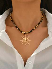 1pc Autumn/Winter Vacation Ocean Style Women's Pendant Necklace, Retro Bohemian Metal Starfish Pendant, Leopard Print Fabric Simple Personalized Choker Necklace, Casual Daily Beach Vacation Versatile Accessory - Leopard - View 2