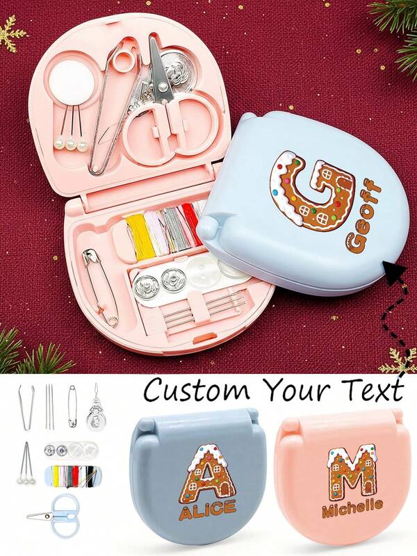 Customized Name Travel Sewing Kit With Organizer Case Embroider Set Emergency Repair Tools Box Portable Needlework Accessories Travel Accessories Personalized DIY With Threads Scissors Hand Sewing Needles Christmas Gingerbread 26 Letters Initial Pattern Design For Christmas Gifts