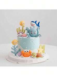 Ocean World Theme Cake Decoration, Octopus, Whale, Porcupine, Crab, Coral, Seaweed, Starfish And Other Soft Plastic Decorations, Underwater Animal World Theme Cake Decoration, Suitable For Birthday Party, Baptism,Babyshower Gender Reveal Party Cake Decoration, Table Decoration, Reusable
