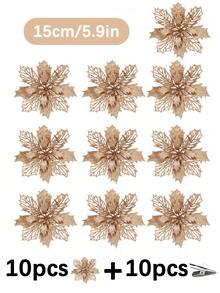 1 件/5 件/10 件/20 件闪光一品红圣诞花，适用于圣诞树和花环装饰，直径 3.5 英寸/5.9 英寸/9.45 英寸（带夹子），圣诞节节日装饰，新年派对用品（颜色：香槟金），圣诞节 - 香檳色 - 查看 10