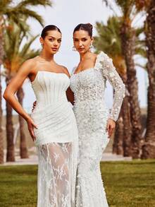 Faeriesty Women Elegant Haute Glamour Elegant Beaded Mermaid Evening Gown With Square Neckline – Intricate Floral Beadwork & Pearls Embellishment, Mermaid Silhouette With Flowing Train For Weddings, Formal Galas, Upscale Evening Parties & High-End Receptions,Summer Holiday Outfits - White - View 10