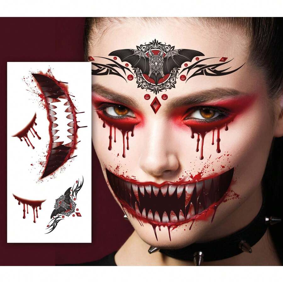 Fiestas Guirca Tatouage de visage de vampire pour costumes, frappant, réaliste et détaillé avec des motifs d'horreur, idéal pour Halloween et les festivals à thème - Livraison GRATUITE ✅ Livraison sous 24/48 heures en Espagne (péninsule) - Multicolore - Voir 1
