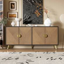 160 Cm Sideboard, Four Doors, Golden Brushed Handles And High-Gloss Table Legs - Black - View 2