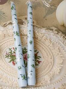 2Pcs Flower Printed Long Stem Candles,Romantic European Style Smokeless Odorless Candles For Weddings, Birthdays,Party,Candlelight Dinner,Home Decoration