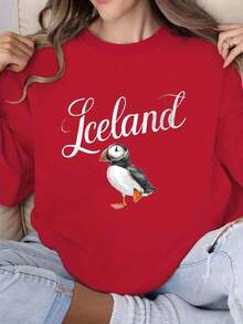 Sudadera con cuello redondo con estampado gráfico de frailecillo islandés, jersey casual de poliéster con estampado geométrico, para mujer, temporada otoño/invierno - Negro - Ver 9