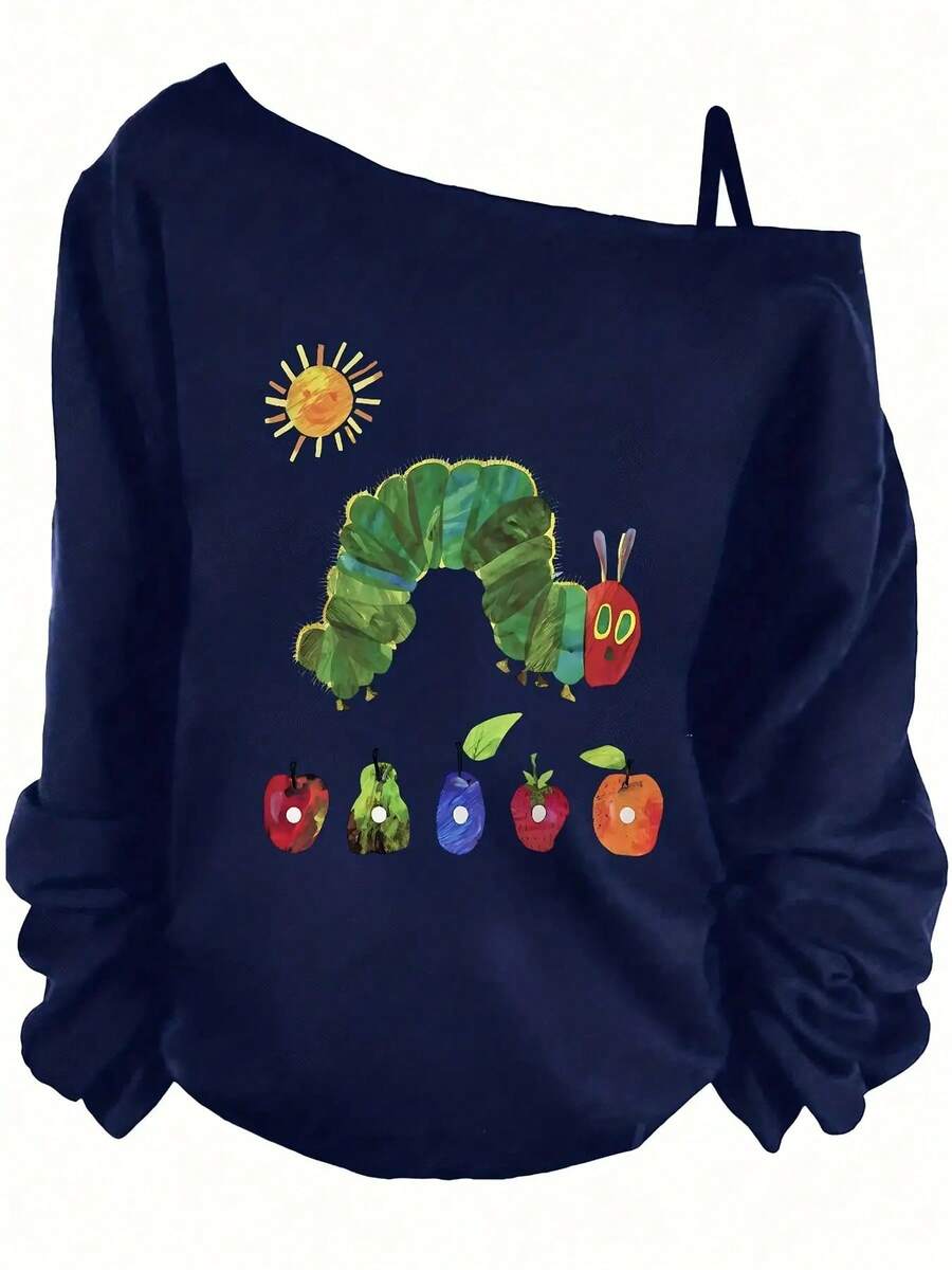 Black Off-The-Shoulder Sweatshirt With Ruched Sleeves, Colorful Very Hungry Caterpillar Inspired Illustration (Green Caterpillar, Yellow Sun With Red Rays, Five Apples In Row) - Whimsical Children's Book Art Style Pullover For Kids & Fans- Plus Size Asymmetric Neck Long Sleeve Sweatshirt - Women's Fall Top - Màu xanh lam - Xem 1