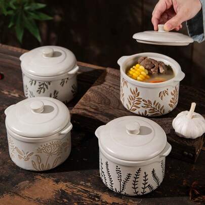 1pc Handmade Japanese Ceramic Casserole Dish, Creative Embossed Baby Food Bowl, Nest Egg Steamer Pot, Household Steam Egg Cup With Lid, Soup Pot