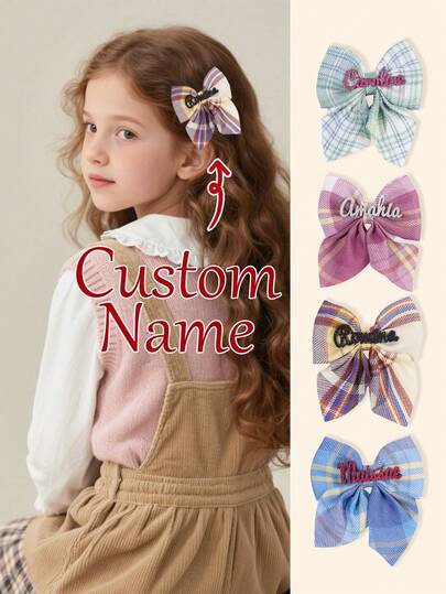 1pc Custom Name Colorful Plaid Hair Bow For Girls Cute Short Tail Customized Bow Alligator Clip Simple Fashion Hair Clips Glitter Letter Custom Text Barrettes Plaid Personalized Hairpins Kids Hair Accessory