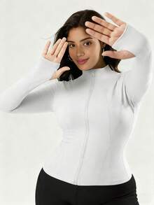 Damen Yoga Jacke in Große Größen, Dehnbar, Langarm Stehkragen Slim Fit Trainingsjacke, Reißverschluss, Ganzjährig für Fitness & Lässig Tragen, Maschinenwäsche, modisches Stoffdesign