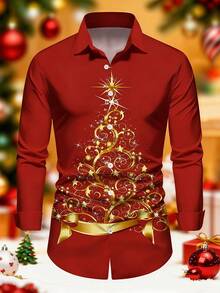 Christmas Theme Red Long Sleeve Shirt With Gold Luxury Christmas Tree Print, Collared Button-Up, Suitable For Christmas Party, Daily Casual Wear, Spring/Autumn - Red - View 10