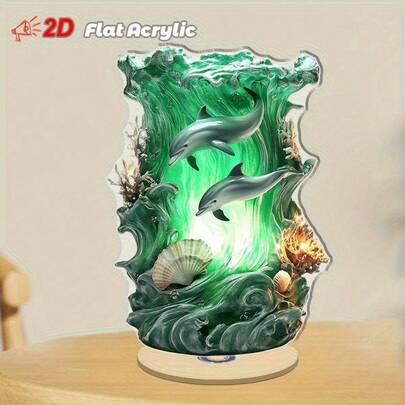 1pc Rotating Acrylic Dolphin Lamp, Displays Underwater Green Ocean Scene - Relaxing Desktop Decor For Home Or Office, Indoor/Outdoor Use, No Electricity Required, Dolphin Decoration