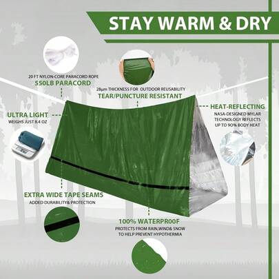 Outdoor Survival Schlafsack aus PE Aluminiumfolie, thermische Energie Notfall Zelt mit Strahlungsschutz und wärmereflektierender Unterkunft