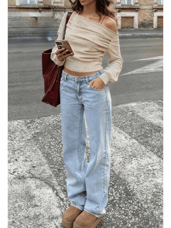 Women's Long-Sleeve Off-Shoulder Top Fall/Winter Ribbed Asymmetric Outerwear Top