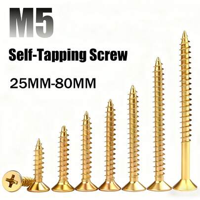 100 pezzi Viti per legno a testa piatta M5, in acciaio al carbonio zincato, autoperforanti, 6 misure (M5*25/40/50/60/70/80/90/100), viti autofilettanti a testa svasata, zincate gialle