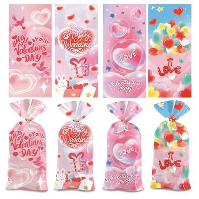 12 pezzi Buste per caramelle di San Valentino, buste regalo con nastro, buste regalo, buste di plastica di San Valentino, 4 stili diversi di buste regalo di San Valentino adatte per forniture per feste di San Valentino, caramelle, biscotti (stile casuale)