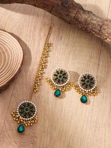 Set de 3 piezas Nuevo Estilo Bohemio Conjunto de Joyería de Mujer: 1 pieza Cadena de Frente Decorada con Rhinestones de Vidrio en Verde/Rojo/Negro1 piezaar de Aretes con Forma de Campana Elegantes, Regalo de Navidad Perfecto para Amigos