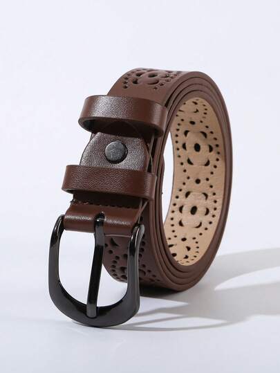 1pc Versatile Retro Hollow Out Belt, New Buckle Design Casual Women's Leather Belt, Suitable For Denim Skirts And Decoration
