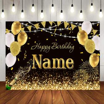 1pc Customisable Name Black And Gold Balloon Happy Birthday Decoration Background Gold Glitter Sequins Champagne Fireworks Design Personalised Name Customised Decoration For Birthday Party Cake Smash Decoration Banner Vinyl