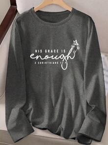 Women's Faith T-Shirt With Verse Ephesians 2:8 Print - Inspirational "God's Grace Is Sufficient" Long Sleeve Crew Neck Casual Top, Religious Apparel For Church & Casual Attire, Machine Washable (Grace Lettering Design) - Màu xám đen - Xem 3