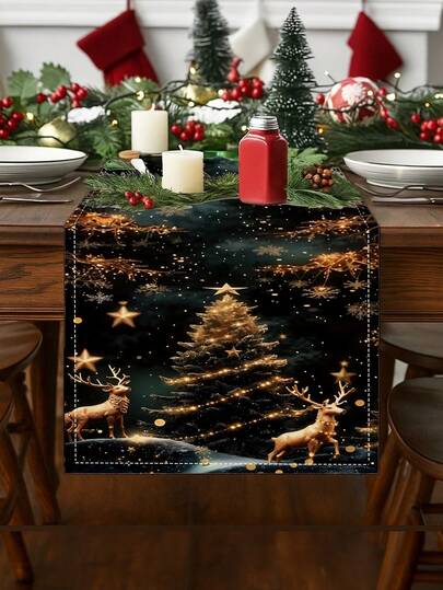 1 peça corredor de mesa de Natal preto e dourado, capa de mesa de pinho frio, alce, festa, mesa de centro, jantar, poliéster durável, retangular, tecido