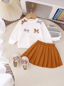 2 件套女婴可爱长袖蝴蝶结上衣 + 裙子套装，轻便，适合春秋季 - 駝色 - 查看 2