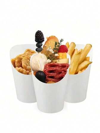 10 piezas Vasos de papel desechables - Contenedores de diseño ondulado multiusos, adecuados para sostener papas fritas, comida cocida y pasteles, hechos de papel blanco, ideales para el hogar, fiestas al aire libre, picnics, repostería DIY, suministros para fiestas | Vasos de servir decorativos, vasos de papel desechables