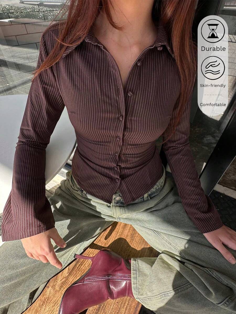 Women's Casual Striped Brown Button-Up Long Sleeve Shirt, All-Over Printed Blouse For Spring/Autumn - Brown - View 1