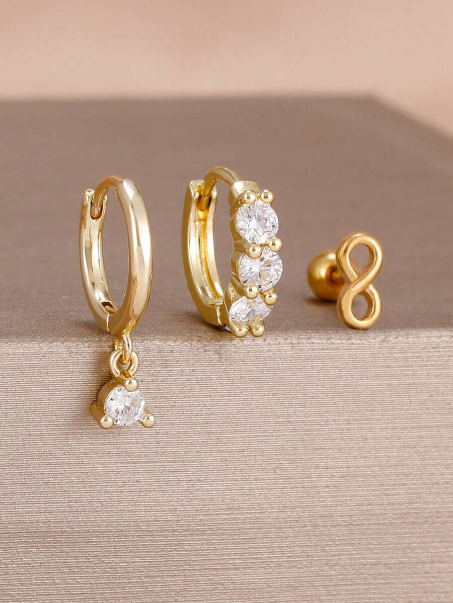 3PCS Fashion Luxury Green/ Pink/Purple Cubic Zirconia CZ Hoop Earrings Set For Women Newly Designed Bridal Wedding Gift Party Jewelry Earring - 3 Pcs for One Ear - View 1