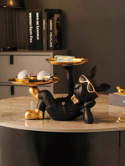 1pc Creative French Bulldog Decorative Figurine With Tray, Suitable For Living Room Decor, Creative Storage, Bedroom Decor, Office High-End Decor, Storage, Can Be Given As Anniversary Or Birthday Gift To Friends And Family