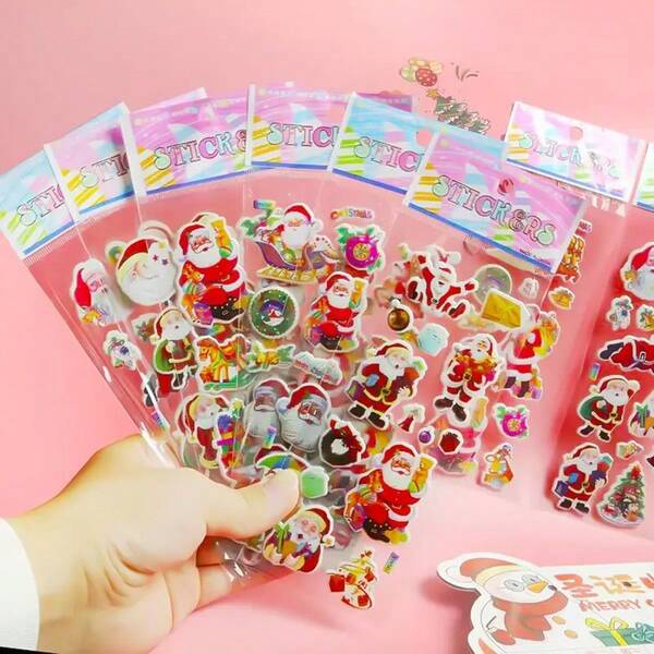 10pcs Christmas Styles 3D Cartoon Bubble Stickers - Self-Adhesive Reusable Plastic Decals With Glitter Accents, Mixed Colors For Laptop, Luggage, Refrigerator, Student Rewards & Holiday Decorations, Christmas Stickers, Festive Decoration (Random Styles)