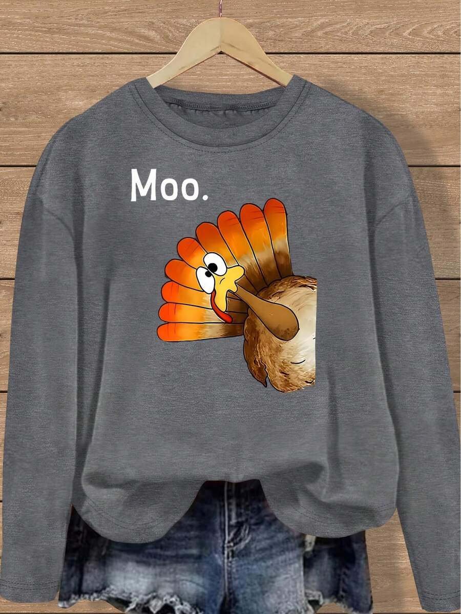 Thanksgiving Day Print Long Sleeve T-Shirt,Women'S Thanksgiving Turkey Graphic Long Sleeve T-Shirt - Soft Stretch Round Neck Casual Top With Autumn Colors & "Moo" Print, All-Season Layering Essential, Sizes S-XXL, Multi-Color Options-Spring And Autumn Tops - Space Gray - 查看 1