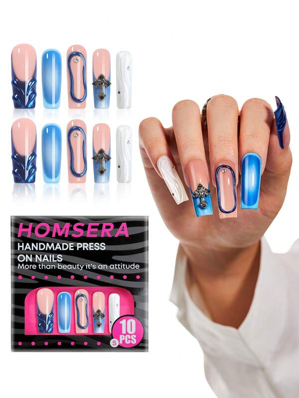10 piezas Uñas postizas cuadradas largas estilo Y2K, Juego de uñas acrílicas 3D azules hechas a mano DIY XXL/XXXL con cruz, gemas de diamante y efectos degradados, excelente para uso diario en salones de uñas y regalos de vacaciones para niñas y mujeres