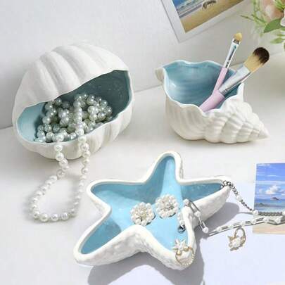 奢华陶瓷首饰收纳托盘，耳环戒指手镯展示盘，贝壳海星造型，客厅装饰，创意烟灰缸多功能摆件，房间装饰