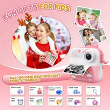 Kids Instant Print Camera HD Digital Camera For Girls Boys Toddler Age 3+, Rechargeable 32GB Card, Flash Filters Frames, Drop-Proof Case, Portable Travel Party Birthday Gift Toy,Kids Toys, Toys For Girl, Kids Books, Easter Gifts - Pink - View 3