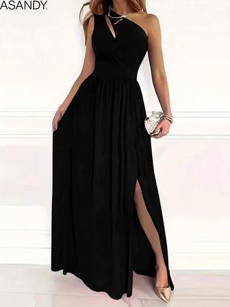 Women's Summer Solid Color Dress - Asymmetric Neckline With Thigh High Slit, Elegant Sleeveless Cutout Maxi (Daily Dress)