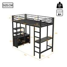 Hochbett 90x200 cm in Schwarz | Mit Schreibtisch, Steckdose+USB & Regalen | Offener Lagerschrank & Sicherheitsgeländer | Eisenrahmen ohne Matratze