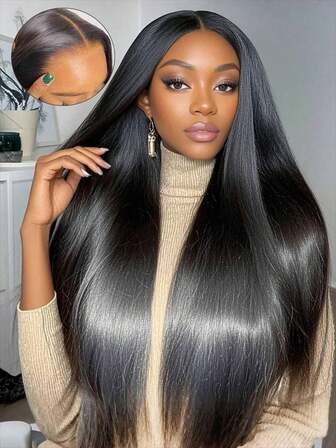 9X6 Straight Wear&Go Glueless Wig Human Hair Wig Transparent Lace Pre Plucked Ready To Wear Lace Closure Wig Without Glue And Gel Natural Black Color Human Hair Wig Beginner Friendly